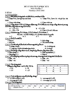 Đề cương ôn tập học kỳ I môn Tin học 7 năm học 2013 - 2014